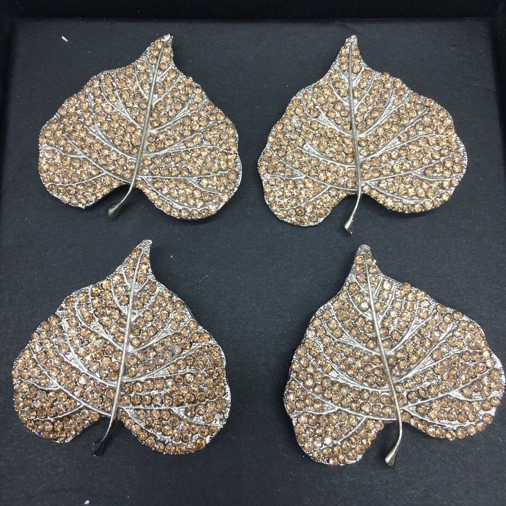 x4 Tahari Rhinestone Aspen Leaf Napkin Ring Set Elegant Fall Decor Thanksgiving